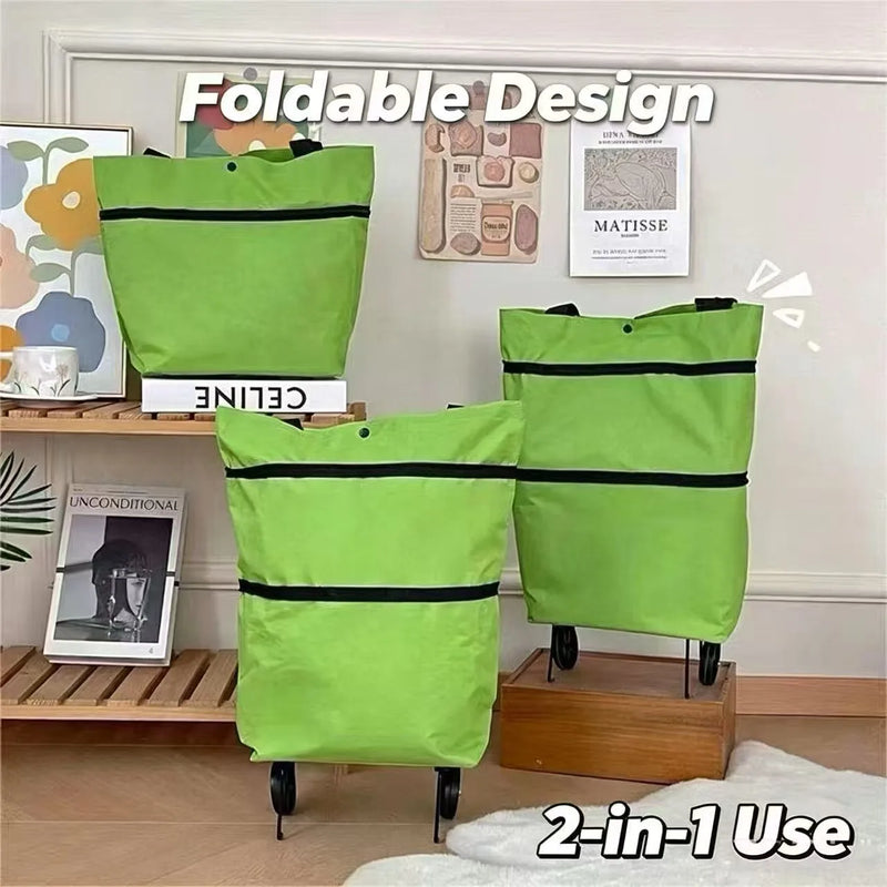 Portable Shopping Cart, Foldable Shoulder Bag with Wheels, Lightweight Hand-Pushed Cart for Home Use