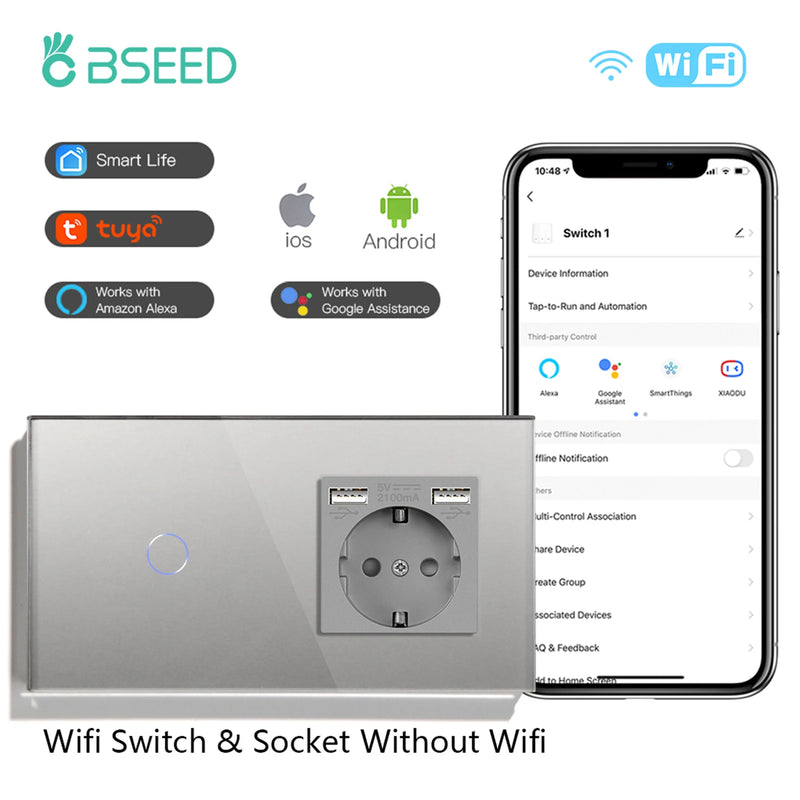 BSEED Wifi Light Switches Smart Wall Switch 1/2/3Gang 1/2/3/4Way Touch Sensor Switch With Normal Socket Support Tuya Smart Life