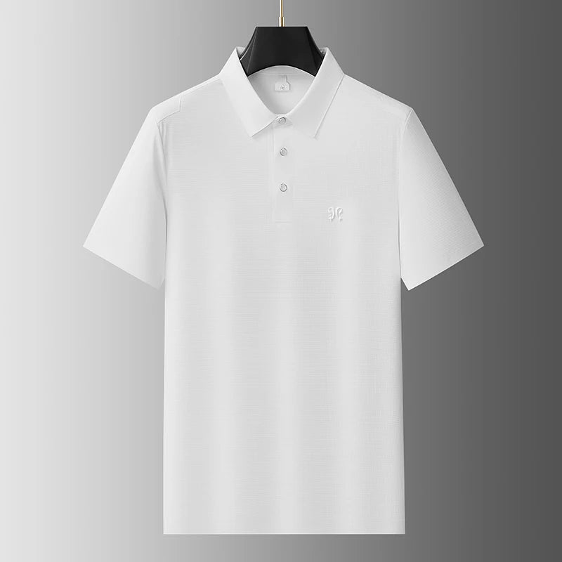 Men's Ice Silk Seamless Polo Shirt Military Green Breathable Cool Feeling Short Sleeve, No-Sew Stretch Business Casual Top
