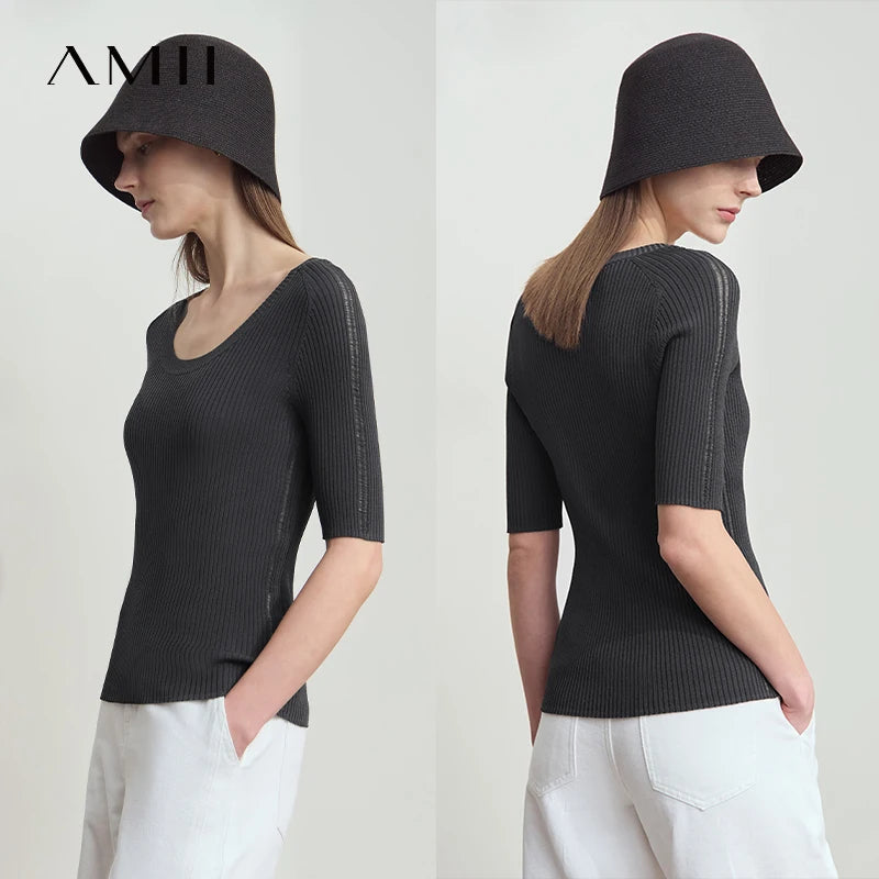 Amii Women's Top Minimalist 2026 Summer New Style Commuting U-Neck Hollowed Out Knitwear Slim Fit Slimming Short Sleeve 12522122