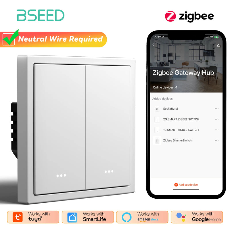 BSEED Zigbee Click Light Switch 1/2/3/4Gang Smart Button Switch Plastic Frame Tuya Smart Life Alexa Control Need Neutral Line