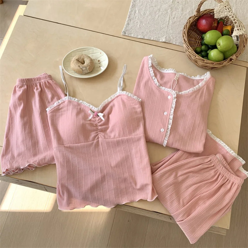 Women’s Loungewear Night Wear for Ladies Nightie Female Clothing Chest Pads Four-piece Pajamas New Spring Autumn Pyjama Pijama