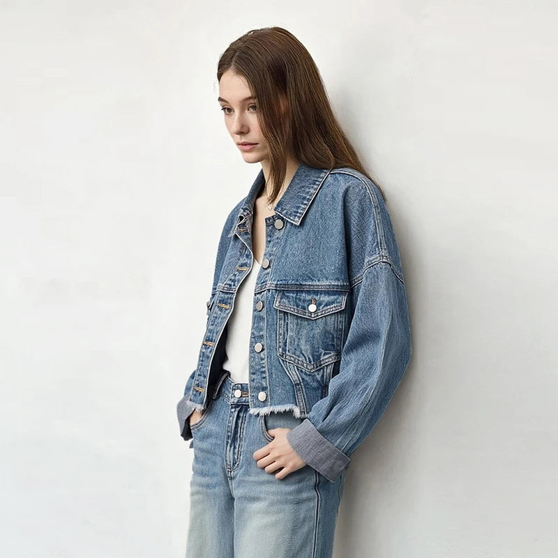 អាវក្រៅ Amii Minimalism Women រដូវស្លឹកឈើជ្រុះឆ្នាំ ២០២៦ អាវក្រៅ Denim ថ្មីសម្រាប់នារី សាមញ្ញ និងអាចបត់បែនបាន អាវខ្លី 12611029