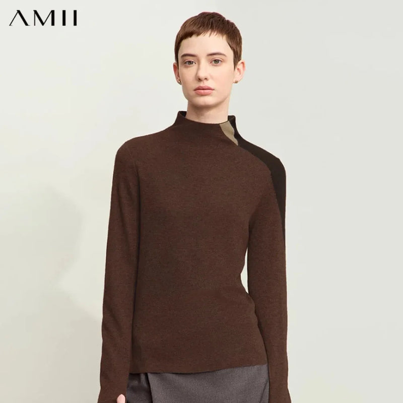 Amii Minimalism Women's Sweater 2026 Autumn New Basic Mock Neck Sweater for Woman Patchwork Slim Long Sleeve Tops Ladies12443133