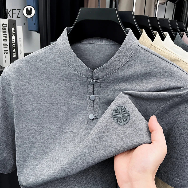 Men Summer Chinese Style Short Sleeve T Shirt Mandarin Collar Frog Button Embroidered Casual Breathable Tee