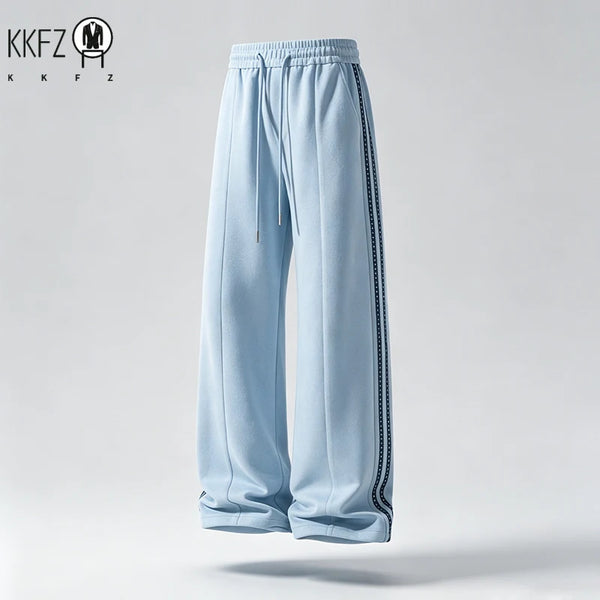 Mens Striped Side Wide Leg Sweatpants Adjustable Drawstring Waist Relax Cut Comfort Outdoor Walking Trousers