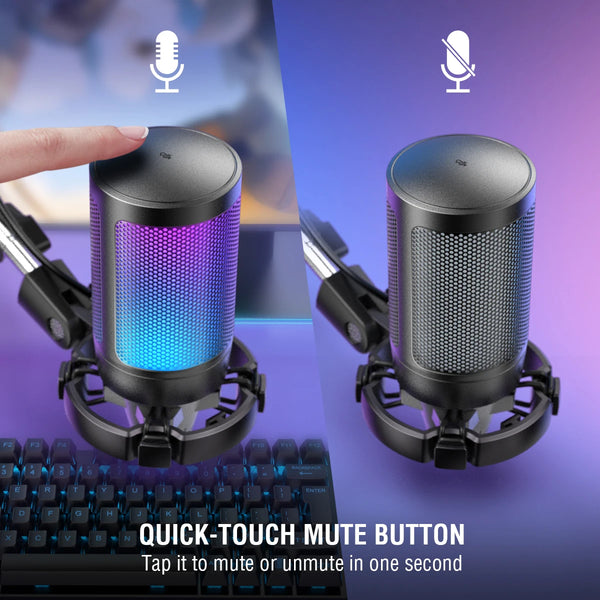ឈុតមីក្រូហ្វូនលេងហ្គេម USB FIFINE សម្រាប់កុំព្យូទ័រ PC, PS4/5 ឈុតមីក្រូហ្វូន Condenser Cardioid ជាមួយប៊ូតុងបិទសំឡេង/RGB/ជើងទ្រដៃ សម្រាប់ស្ទ្រីមវីដេអូ-A6T
