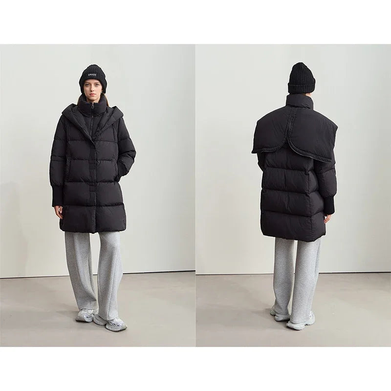Amii 2026 Winter Warm New Women Down Jacket Cuffs Magnetic Buckle Zipper Hooded Fake Two-piece Thick Loose Long Coats 12444104