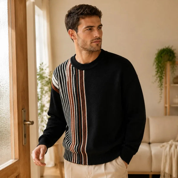 Men's Color Block Striped Sweater Crew Neck Loose Fit Knitted Pullover with Wool Autumn Winter Casual Streetwear