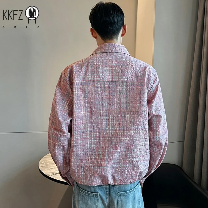 Male Grid Check Textured Long Sleeve Shirt Lapel Collar Relaxed Cut Lightweight Material Casual Outer Top
