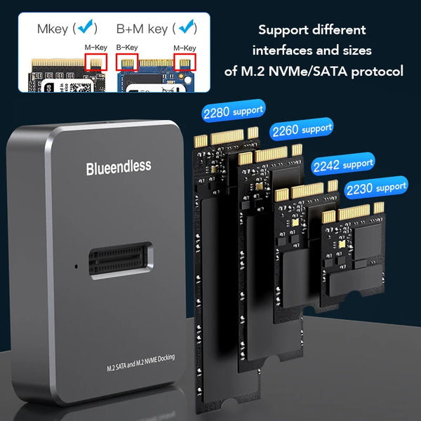 ស្ថានីយ៍ចត Blueendless M2 NVMe M Key USB M 2 USB C SSD Case NVMe និង NGFF HDD SSD Docking Station រឹងមាំ