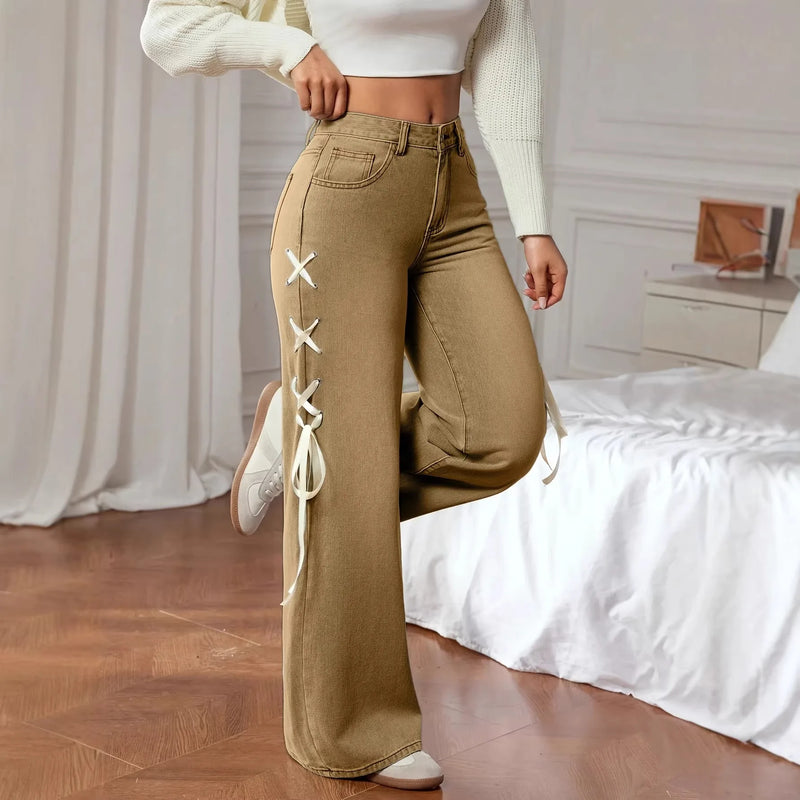 Light Blue Women's Jeans with X-shaped Drawstrings on Both Sides—stylish, Casual Wide-leg Pants.