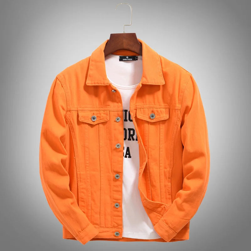 Men's Red Long-sleeve Jacket for Spring and Fall; Black Denim Coats with A Turn-down Collar, Available in Orange, White, Pink.