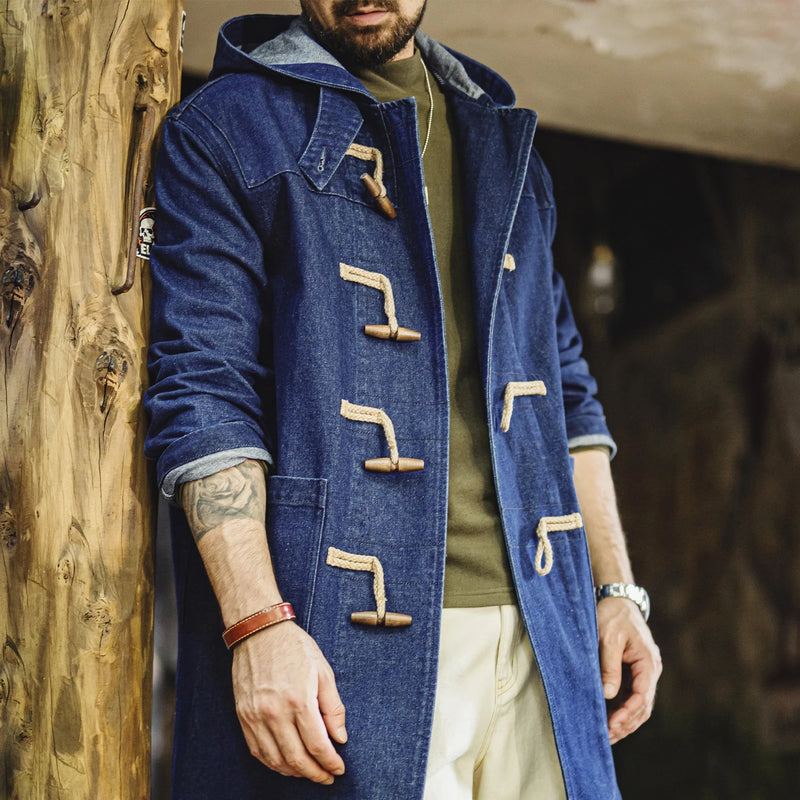 អាវធំ Maden Denim Duffle សម្រាប់បុរស មានមួក អាវធំរលុង ប្រវែងមធ្យម អាវក្រៅធ្វើការ រចនាប័ទ្មពណ៌ខៀវស្រាល អាវក្រៅធម្មតា រដូវស្លឹកឈើជ្រុះ