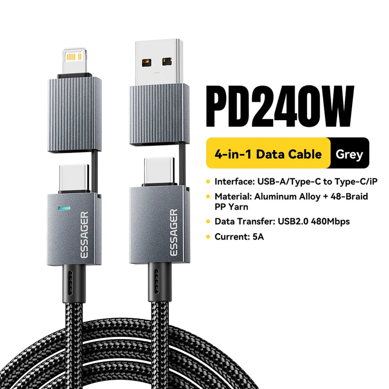 ខ្សែសាកលឿន Essager 240W 4-in-1 សម្រាប់ iPhone17 16 15 Pro Max Macbook iPad Xiaomi Samsung Macbook USB Type C ទៅ USB C