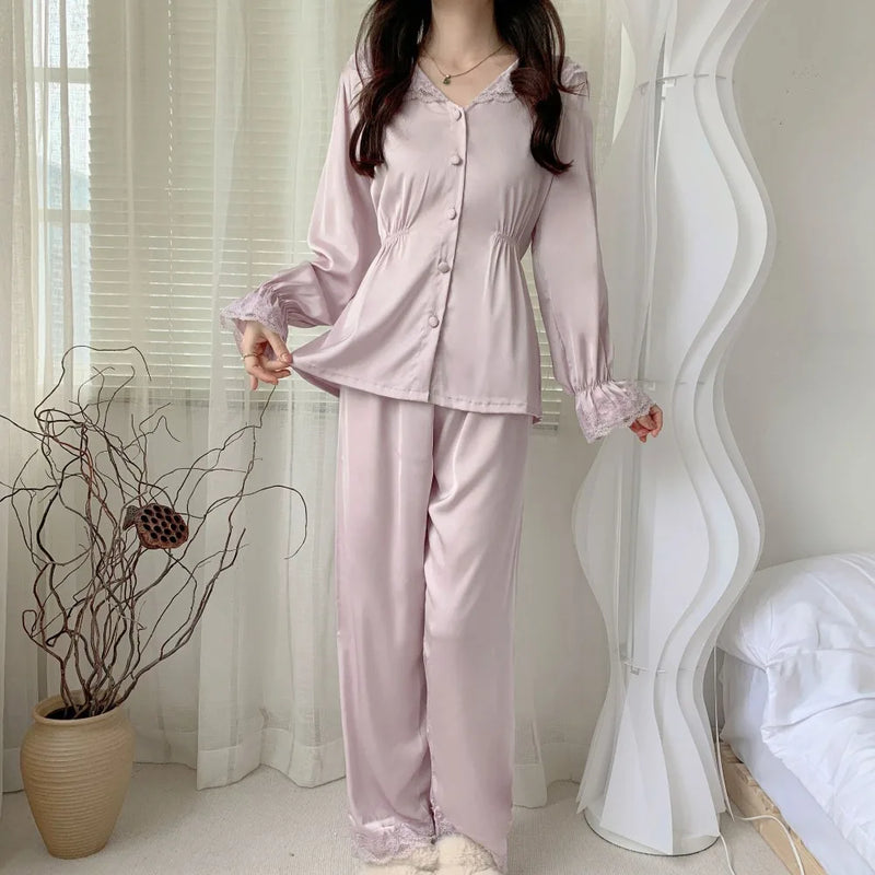 2Pcs Sleepwear Women's Pajamas New Solid Color Loungewear for Spring Autumn Long Sleeves Nightwear for Woman Home Clothing Set