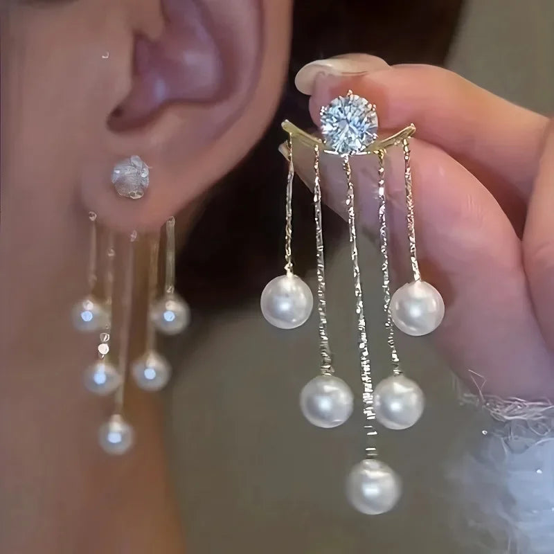 2Pcs Silver Needle Luxury Earrings Fashion Two Pearl Tassels Fashion  Earrings，Light luxury pearl earrings，Female gift giving