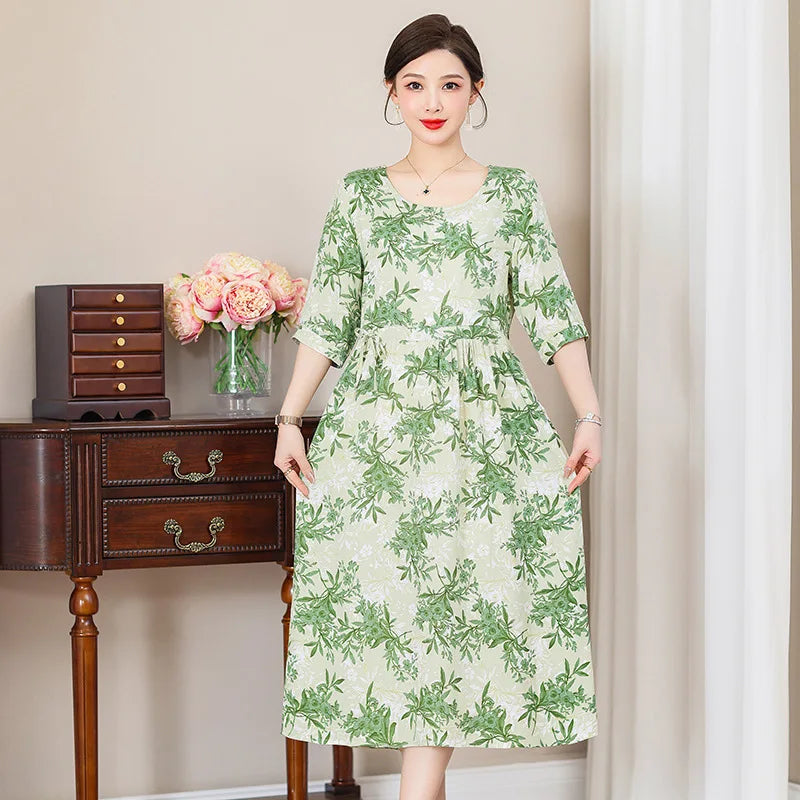 XL-5XL អាវយឺតកប្បាសសម្រាប់ម្តាយវ័យកណ្តាល រចនាបថថ្មី រ៉ូបសម្រាប់គេងរដូវក្តៅសម្រាប់ស្ត្រី រ៉ូបគេងរលុង