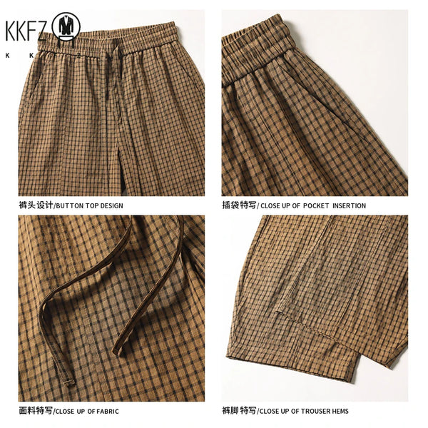 Mens Plaid Crinkle Harem Trousers Elastic Drawstring Waist Loose Fit Breathable Lightweight Outdoor Walking Garment
