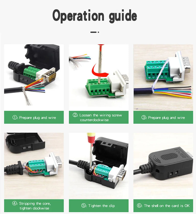 DB9 RS232 Connector D-SUB 9 Pin Male Female Plug RS485 Breakout Terminals 21-24 AWG Wire Solderless Connectors