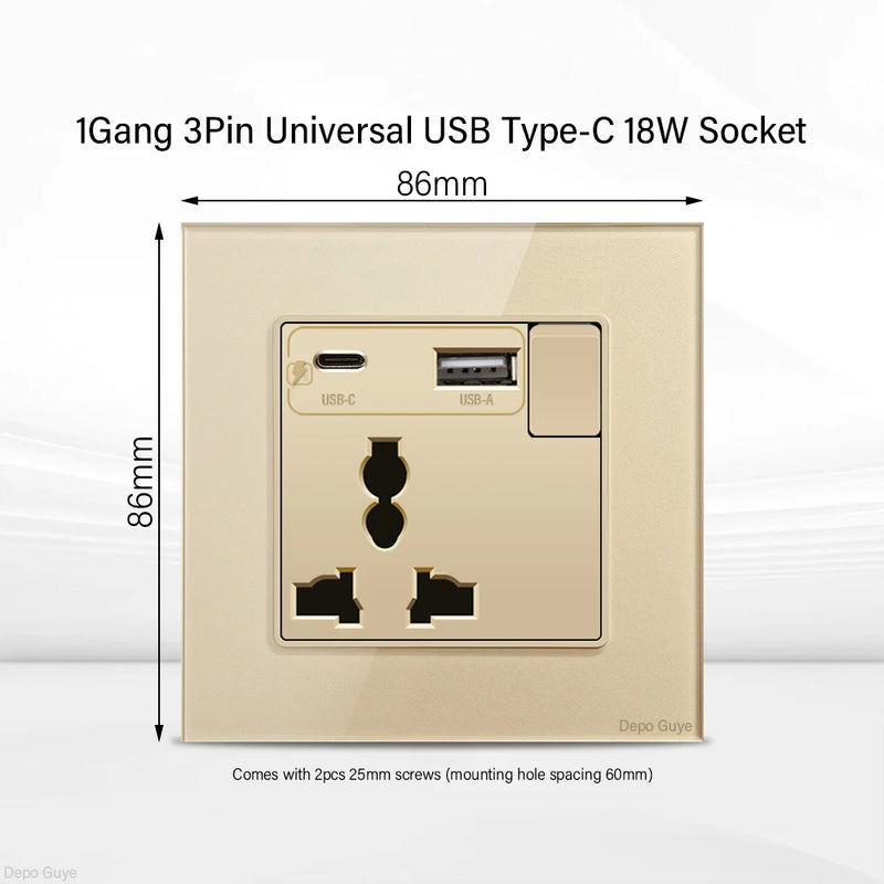 Gold UK 13A Tempered Glass Dual Socket,Universal Power Outlet With USB Type C 18W Quick Charge,Home Light Electric Switch Panel
