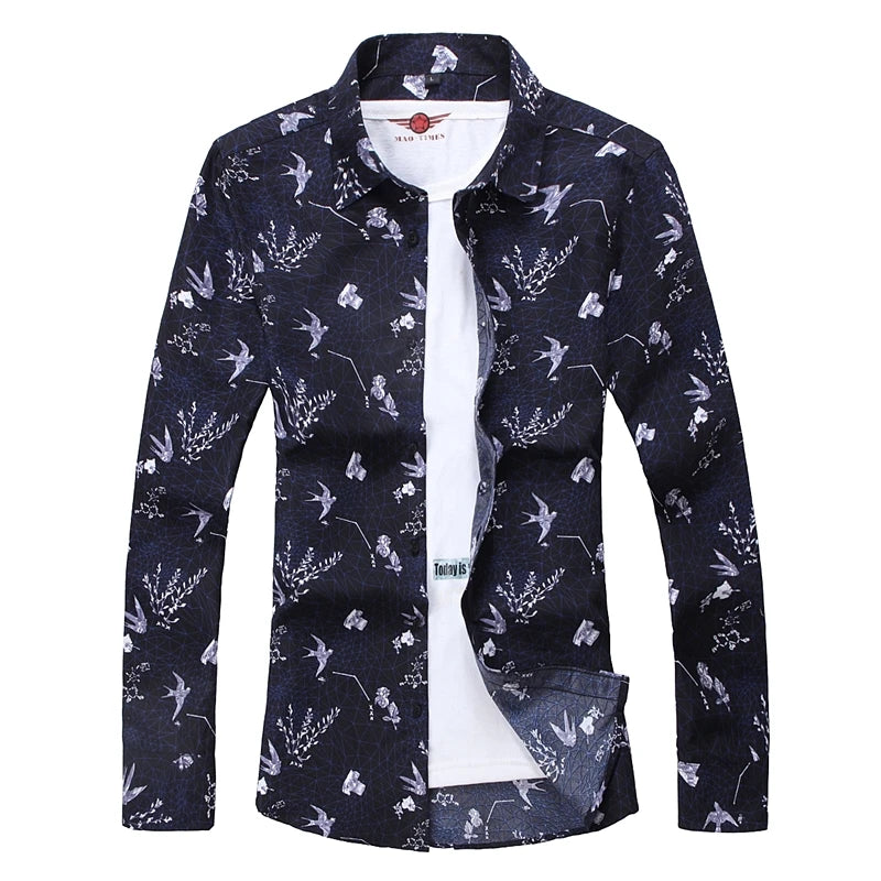 2026 New Men's Blue Long Sleeve Printed Shirt, Business Casual Male Shirts, Asian Size Camisas Para Hombre M-5XL 6XL 7XL