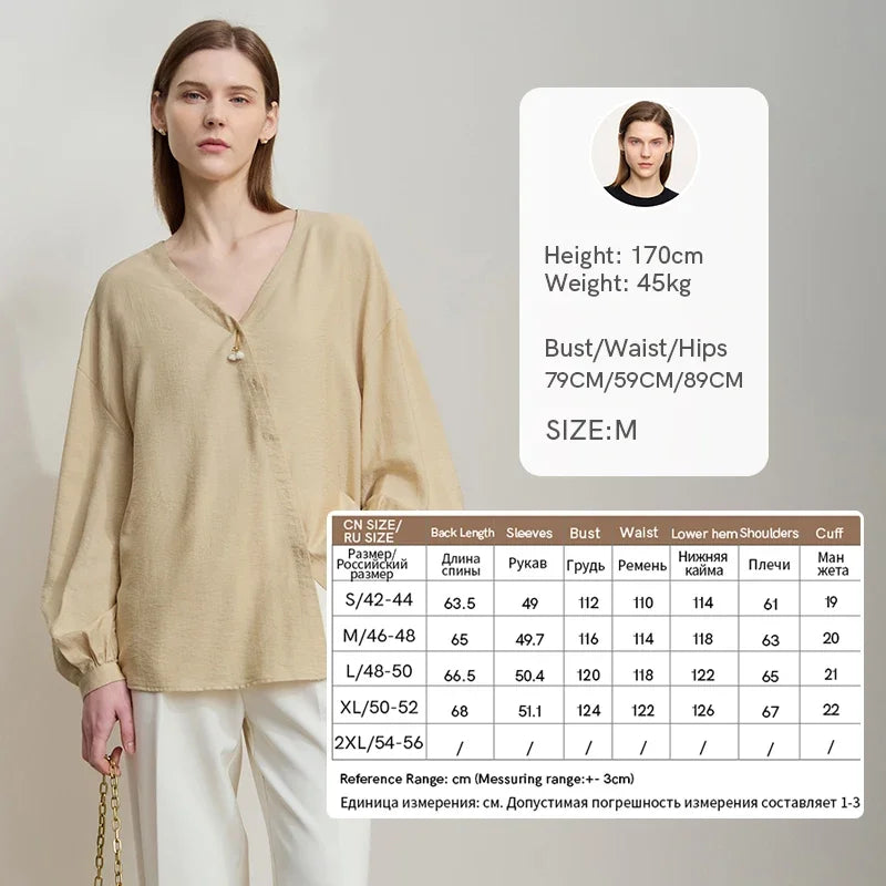 Amii Women's Autumn Minimalist V-Neck Down Sleeve Shirt 2026 New Lyocell Solid Color Loose Casual Top Blouse Women 12551048