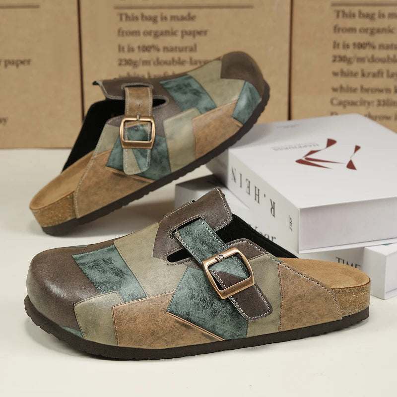 Unisex Cork Closed Toe Slippers Slip-on Clogs Slides Fashion Leather Sandals with Adjustable Buckle Backless Comfort Footbed