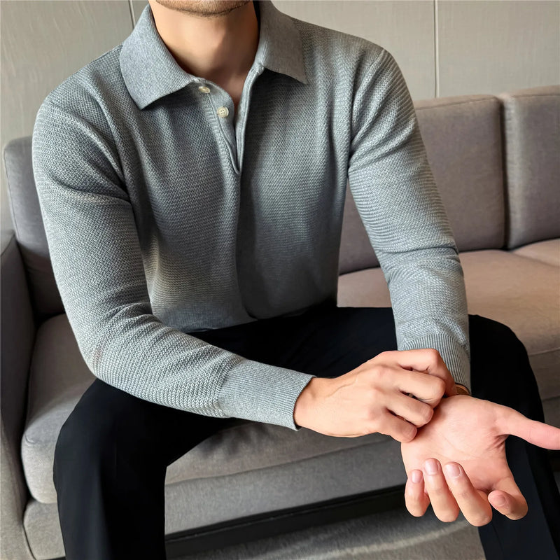 Men's Wool Blend Sweater, Polo Collar Shell Buttons, Old Money Style, Light Beige Gray