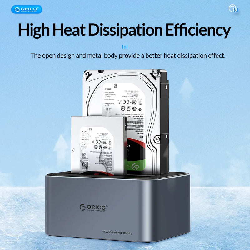 ORICO Aluminum Dual-bay Hard Drive Station Type-C 10Gbps with Offline Clone 2.5/3.5" HDD Case Heat Dissipation Stronger