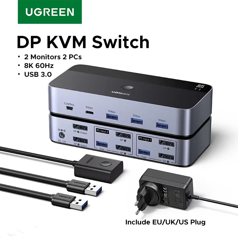 UGREEN DP KVM Switch 2 Monitors 2 PCs 8K 60Hz USB 3.0 Sharing Keyboard Mouse Monitor with HDR 3D for Laptop Desktop Printer