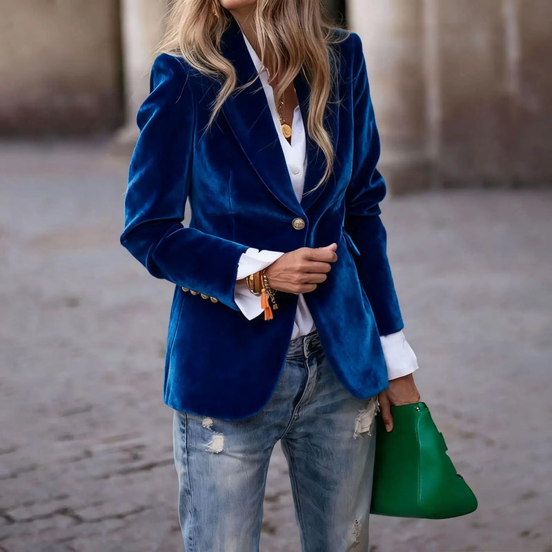 Elegant Women's Long-sleeve Blazer, A V-neck Jacket Made of Corduroy. Available in Black,Purple,Brown,Yellow,Red,Blue,Green,Gray