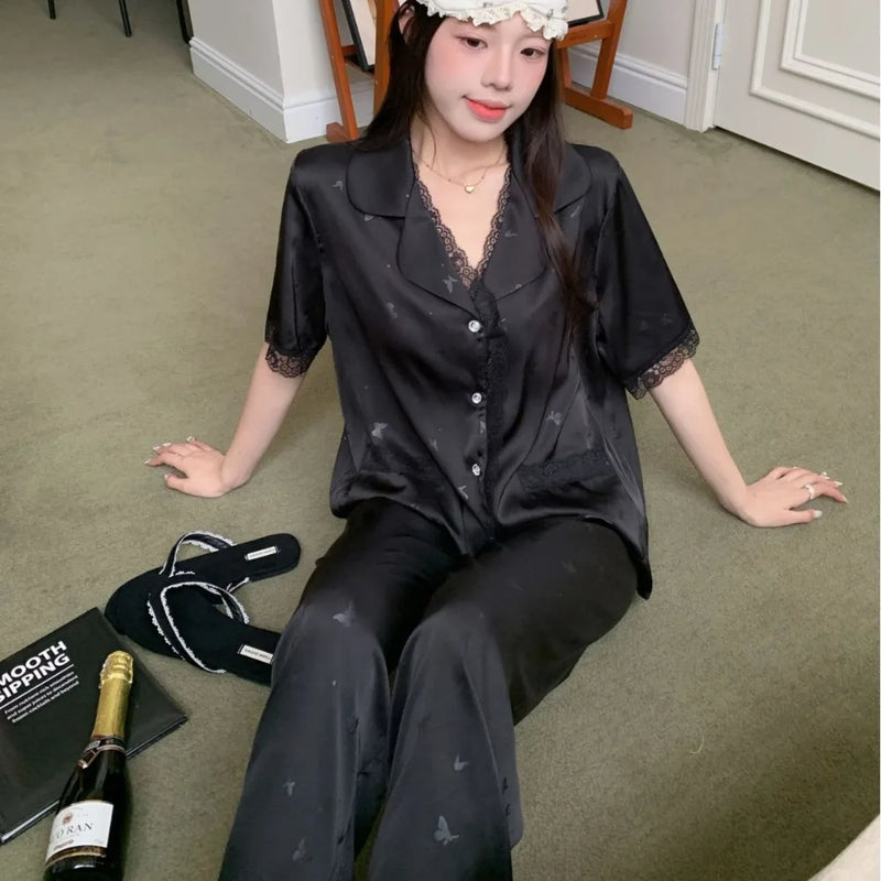 Summer Clothes Elegant Women's Pajamas 2 Piece Nighty Short Sleeve Sleepwear Nightwear for Woman Lapel Top Trousers Home Wear
