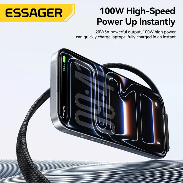 ខ្សែសាក Essager 100W Type-C ខ្សែសាកទូរស័ព្ទបត់បាន PD សាកថ្មលឿនសម្រាប់ iPhone 17 16 15 Pro Max Macbook Samsung Huawei Xiaomi