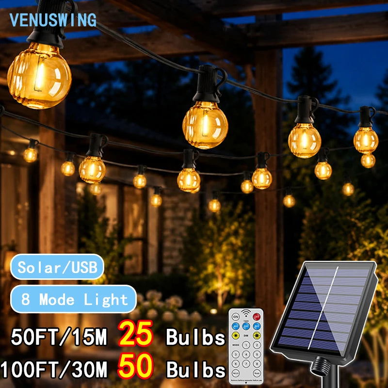 ភ្លើងខ្សែ G40 រាងបាល់ព្រះអាទិត្យ 50/100 ហ្វីត ចង្កៀងសូឡា 8 របៀប ភ្លើងខ្សែ Garland អាចបន្ថយពន្លឺ និងកំណត់ពេលវេលាបាន ភ្លើង Gazebo ចង្កៀងការពារទឹក
