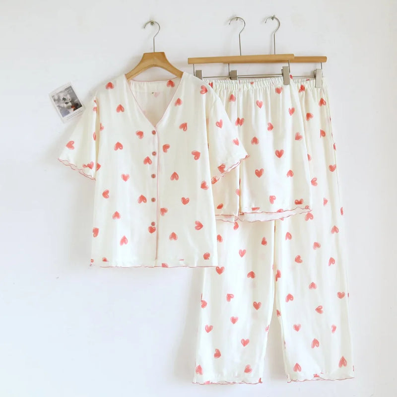 Floral Pajama Set Woman New Summer V-neck Short Sleeve Sleepwear Women's Cotton Home Wear Thin Casual 3 Piece Loungewear Suit