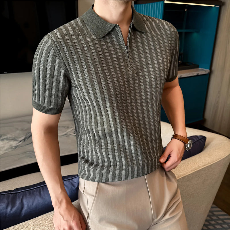 Lyocell Linen Polo Shirt Striped Half Zipper Knitted Short-Sleeved T-shirt T Men's Knitted Short Sleeve Breathable Perspiration