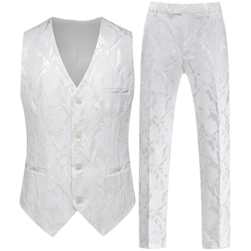 Men's Red Two-Piece Set, Sleeveless V-neck Vest with Trousers, White, Black, Red, Silver, Green,Purple To Choose From!