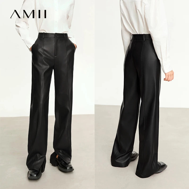 ខោ AMII ស្បែក PU សាមញ្ញសម្រាប់ស្ត្រី រដូវស្លឹកឈើជ្រុះឆ្នាំ ២០២៦ ខោរលុងប្រវែងជាន់ត្រង់សម្រាប់ស្ត្រី 12343250