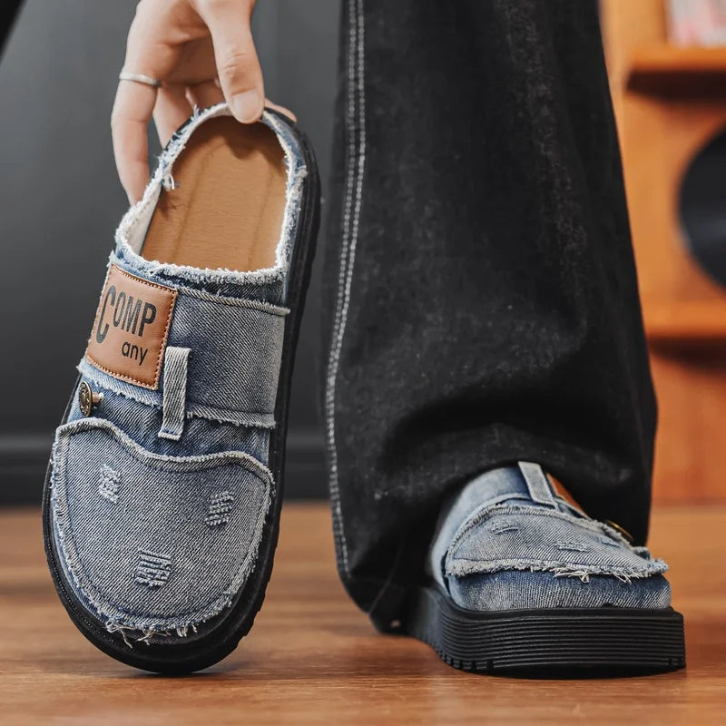 Men's Mules cowboy casual shoes four seasons breathable lightweight soft-sole non-slip comfortable outdoor walking semi slippers