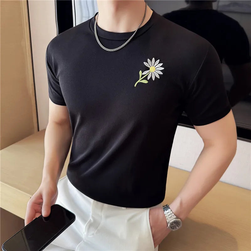 Men's Cotton T-Shirt - Summer Slim Fit Floral Embroidered Tee | 95% Cotton Stretch Crew Neck Casual Top for Youth