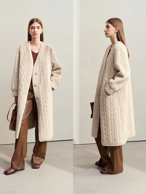 AMII Minimalist Fur Coats Woman 2026 Winter New Warm V-neck Pocket Women's Clothing Elegant Female Long Fur Outerwear 12424023