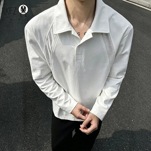 Mens Casual Polo Pullover Lapel Collar Long Sleeve Raglan Cut Button Front Loose Silhouette Mesh Spliced Fabric Daily Outfit