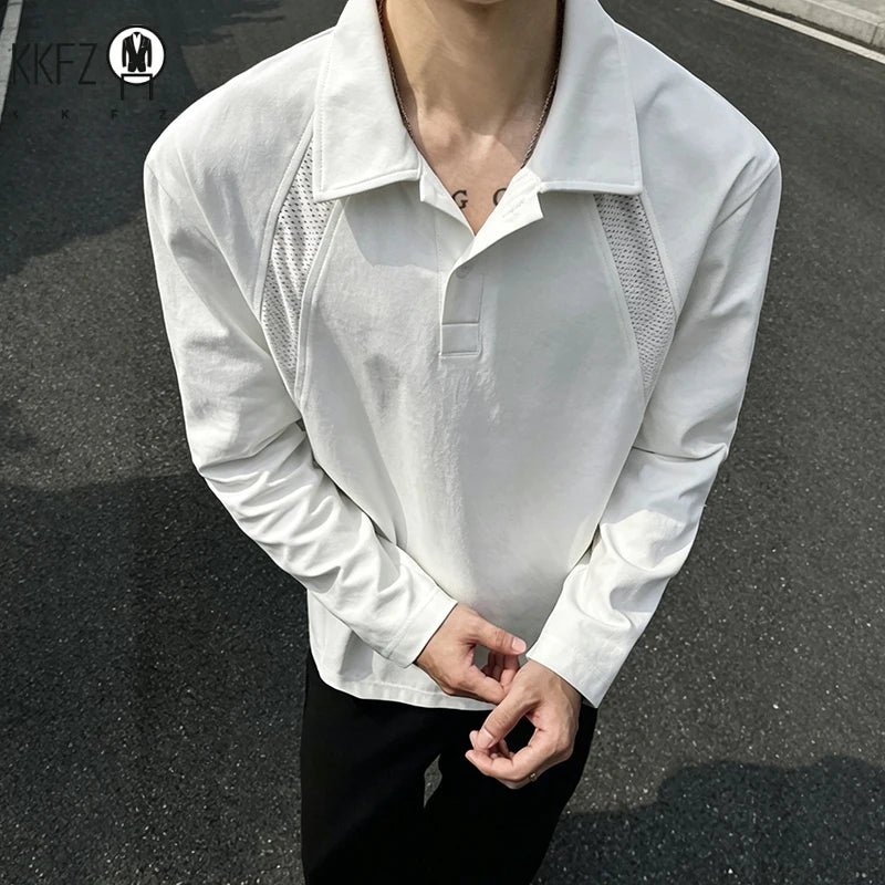 Mens Casual Polo Pullover Lapel Collar Long Sleeve Raglan Cut Button Front Loose Silhouette Mesh Spliced Fabric Daily Outfit