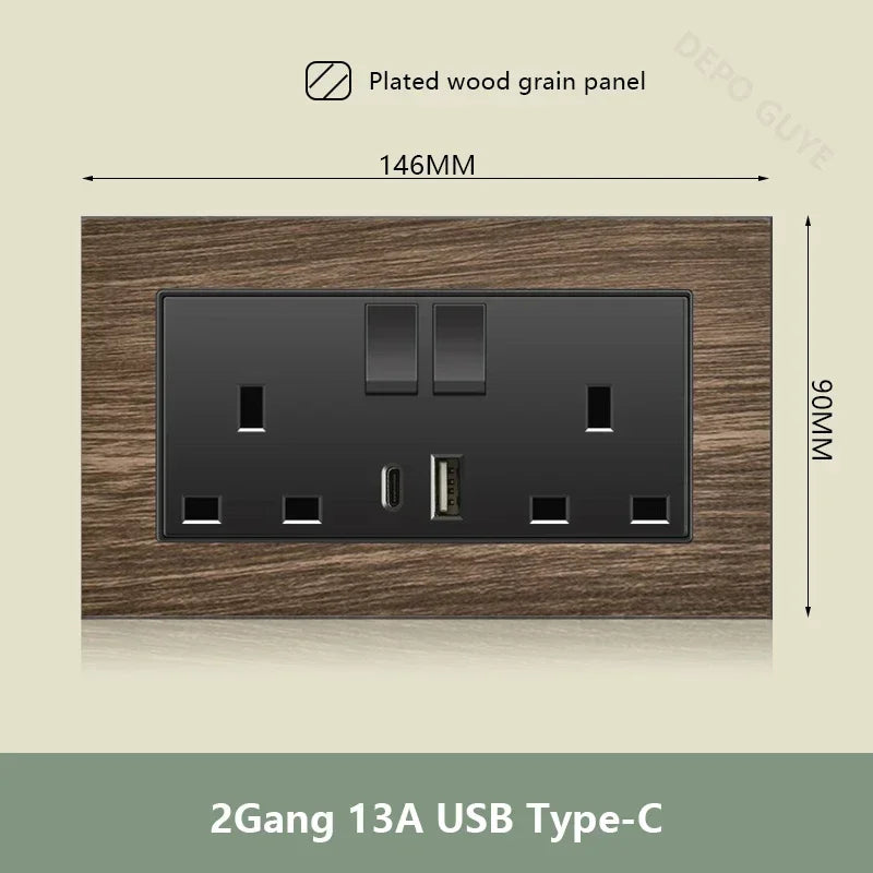 UK 18W Type-C Quick charge Dual Power Outlet,Universal Retro Wood Grain Electrical USB Socket,220V Electrical  Wall Light Switch