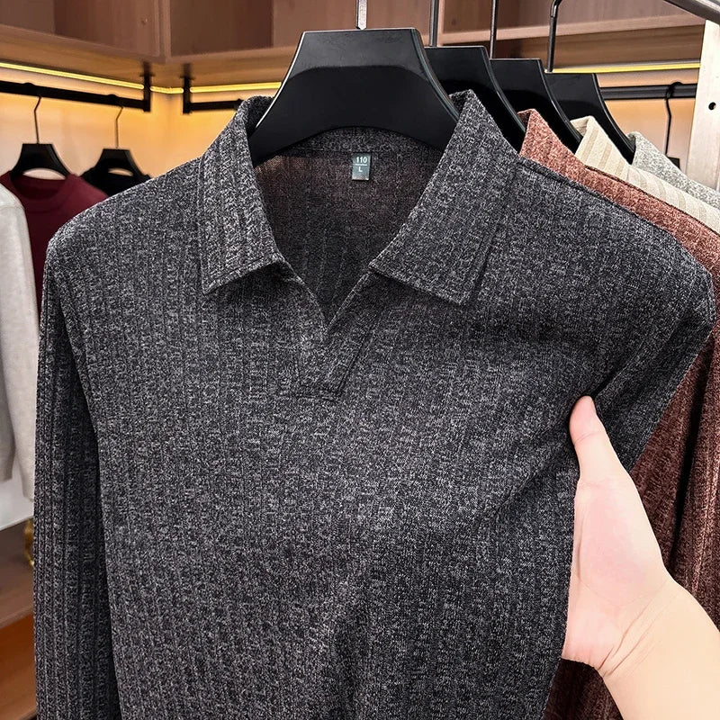 Men Casual Office Knit Polo Long Sleeve V Notch Collar Vertical Rib Texture Loose Comfort Pullover Shirt