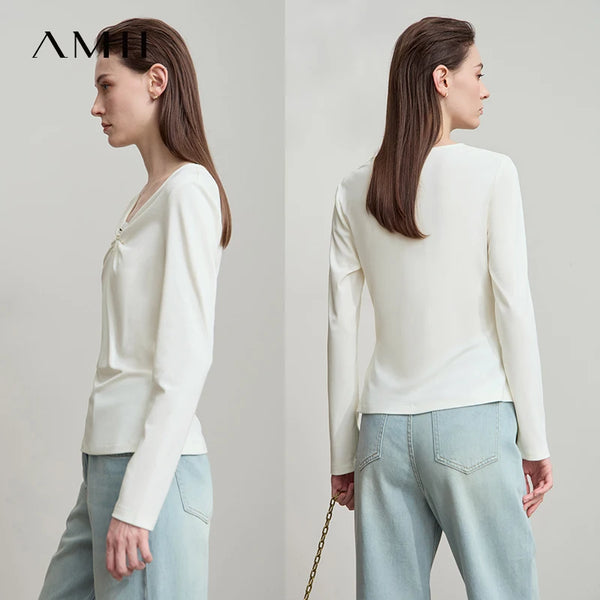 AMII 2026 Autumn Minimalism Solid V-neck T-Shirt Office Lady Long Sleeves Basic Slim Detachable Design Women Clothing 12523066
