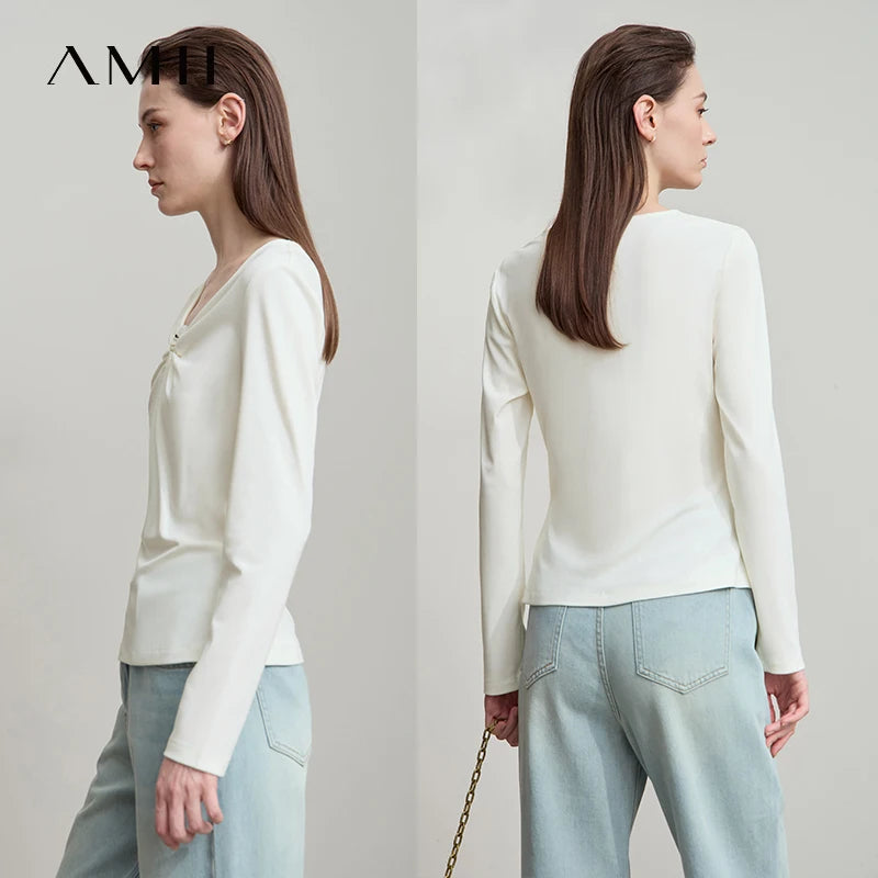 AMII 2026 Autumn Minimalism Solid V-neck T-Shirt Office Lady Long Sleeves Basic Slim Detachable Design Women Clothing 12523066