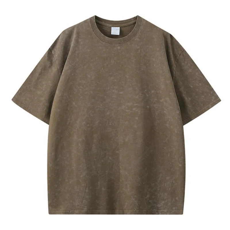 American Style Retro Washed Snowflake Short Sleeve round Neck T-Shirt Large Size Bleach Stain  Heavyweight Summer Top