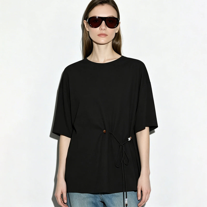 Amii Women's Blouse 2026 Summer New Round Neck Drop Shoulder Tie Detail Chiffon Top Loose Fit Casual Shirt For Women 12642192